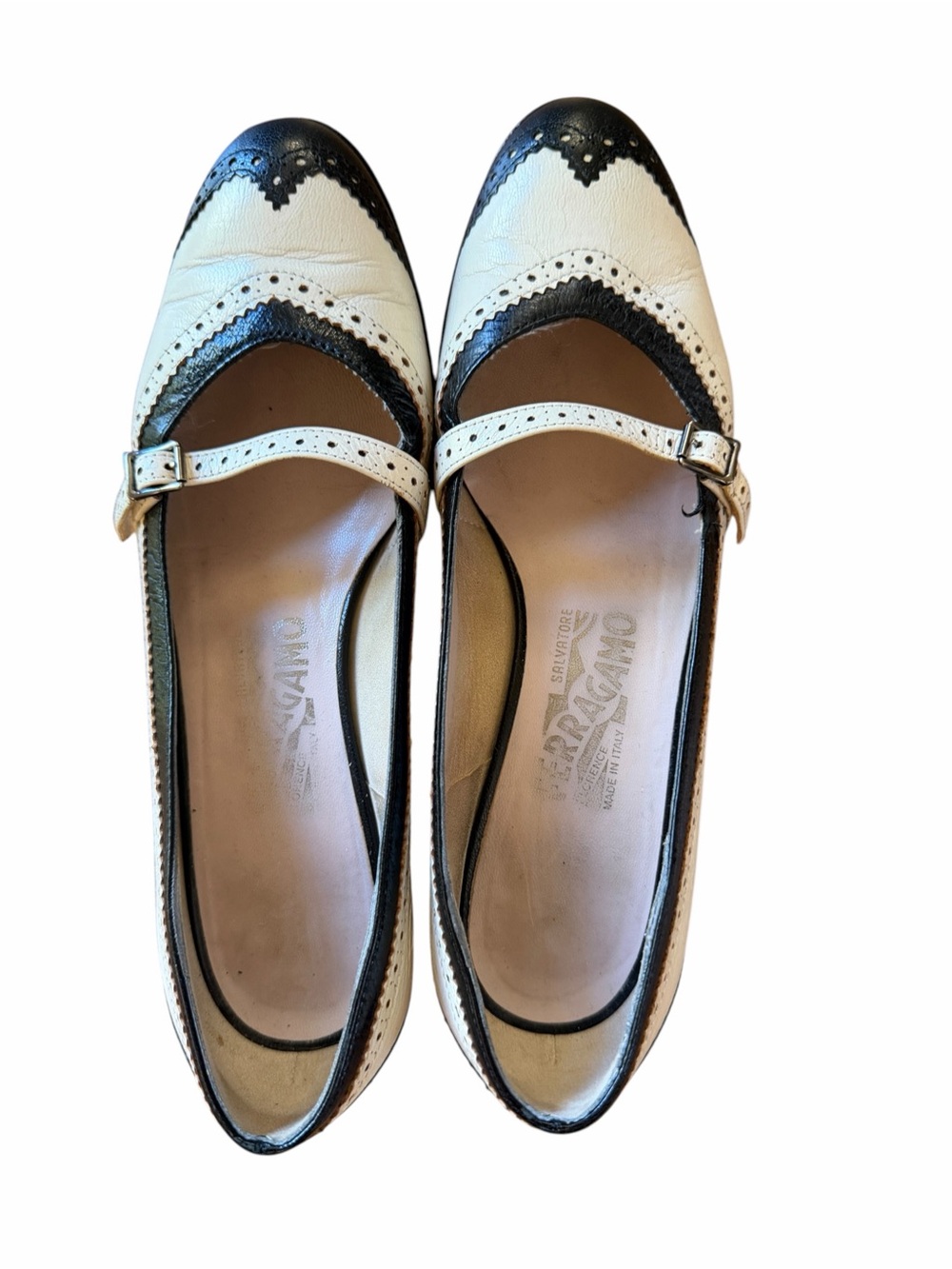 Vintage Salvatore Ferragamo Two-Tone Black and Cream Leather Mary Jane Flats